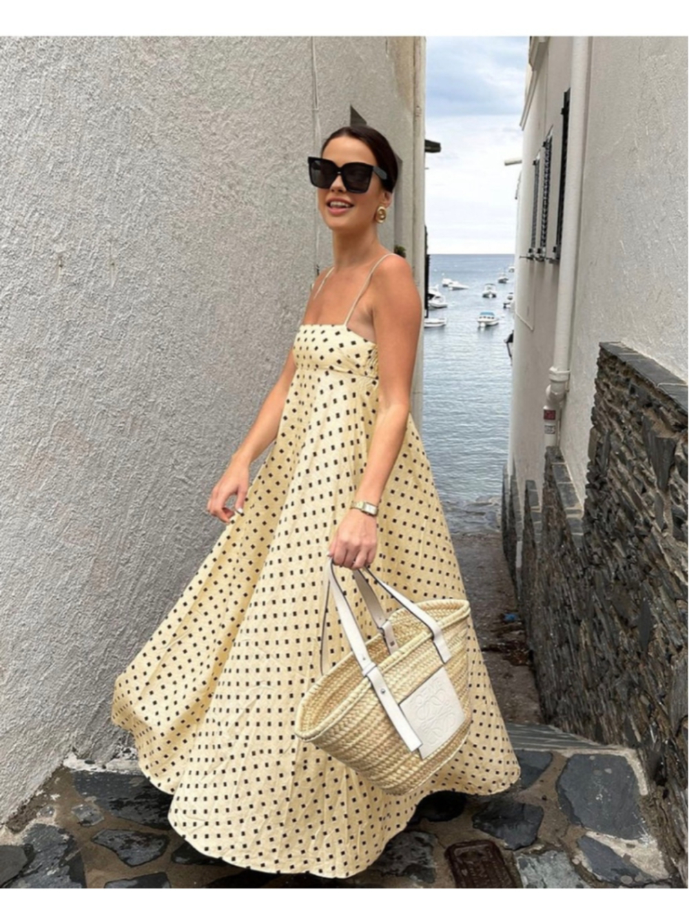 Commense Aline Trapeze Polka Dot Maxi Dress Size L Empire Waist Square Neck